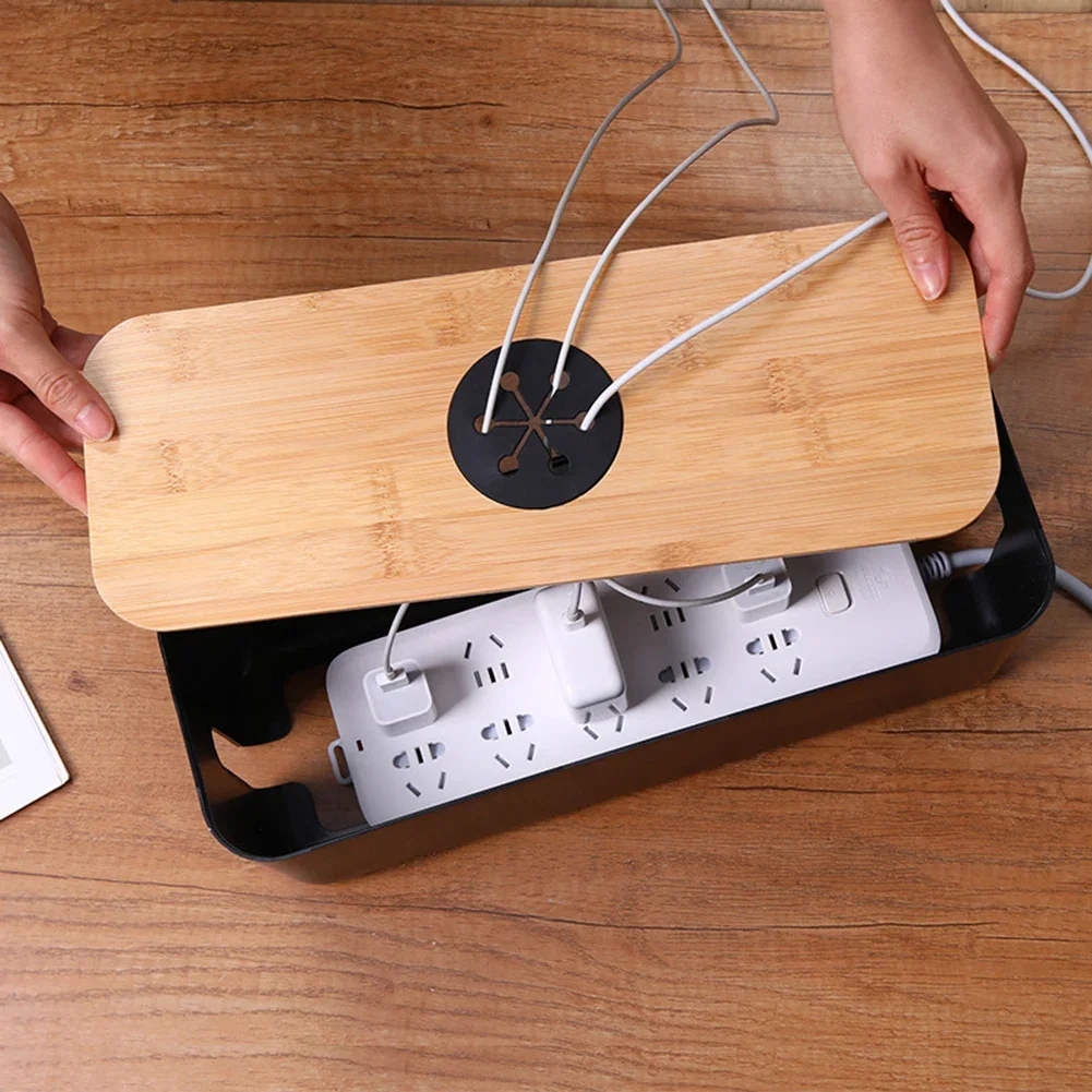 

Bamboo Cable Storage Box Power Line Storage Case Dustproof Charger Socket Organizer Wire Case Home Cable Winder Organizer