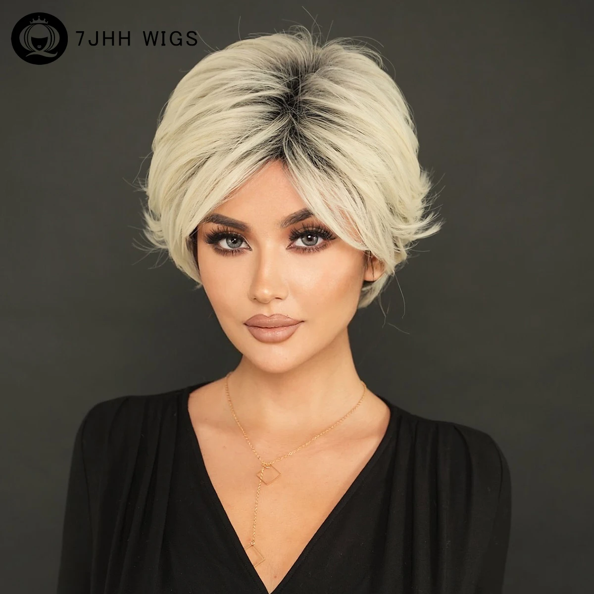 

7JHH WIGS Short Straight Blonde Pixie Cut Wigs with Dark Roots High Density Synthetic Middle Part Hair Wigs for Women Daily Use