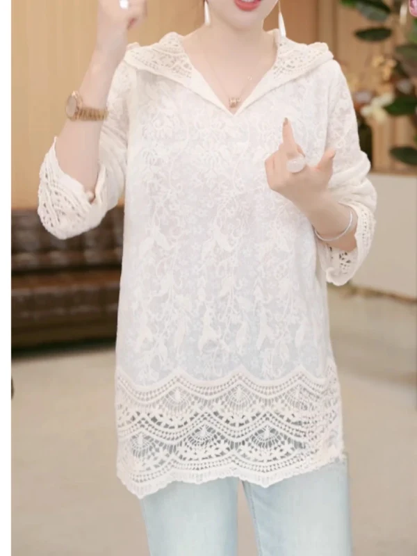 

Элегантная женская кружевная блузка средней длины с ажурным узором, дышащая, с длинным рукавом, для весны и осени, повседневный модный топ