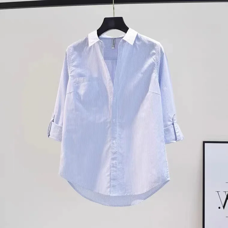 

Синяя полосатая повседневная рубашка для женщин, весенне-летняя, в корейском стиле, для работы, из хлопка, с длинным рукавом, с воротником, дышащая