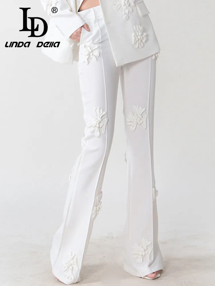 LD LINDA DELLA 2024 Autumn Fashion Designer Trousers Women's Black Applique High waist Splice Slim Fit Straight Trouser