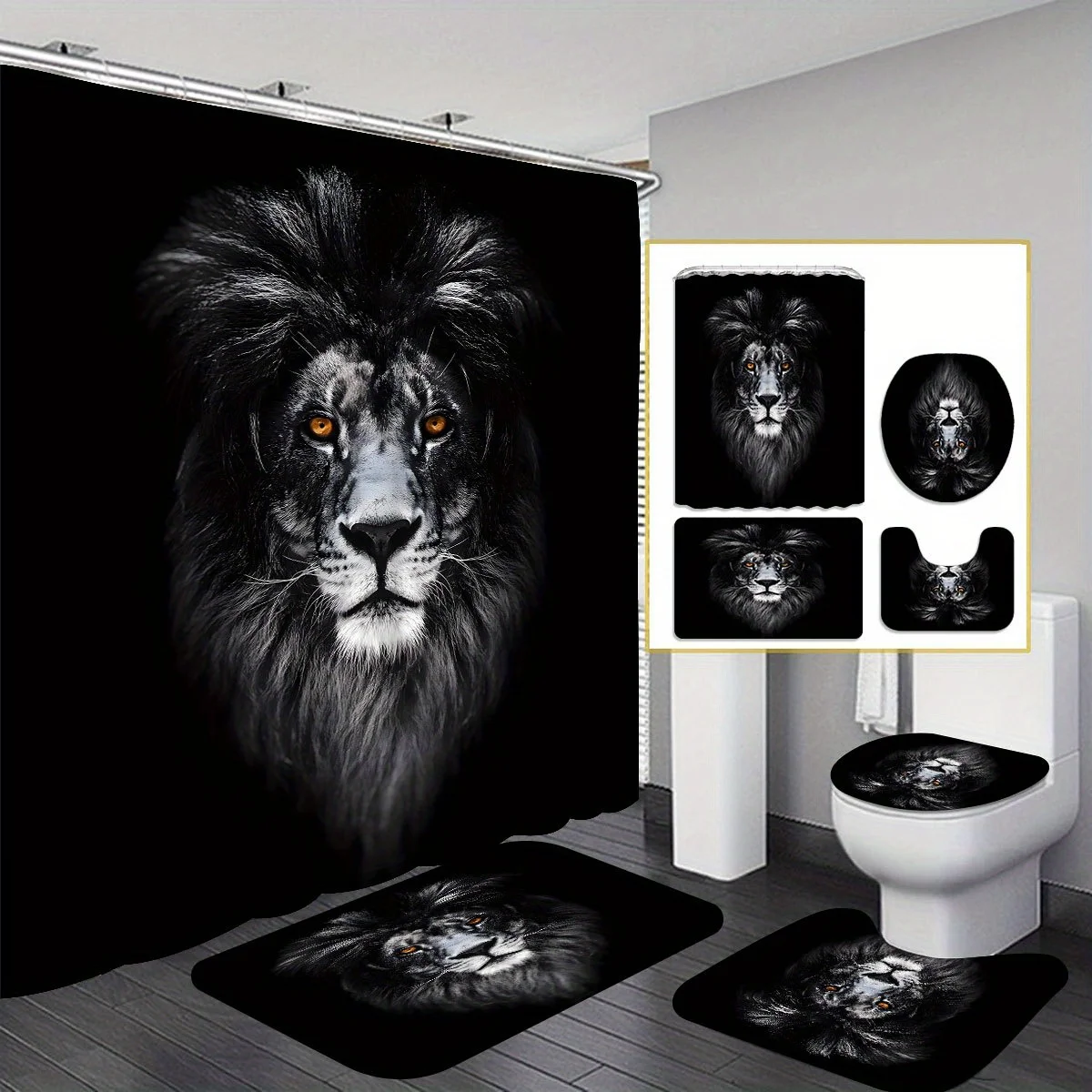 Majestic Lion Bathroom Four-Piece Set - Featuring a Striking Design with a Powerful Lion's Gaze, Perfect for Adding High-Impact