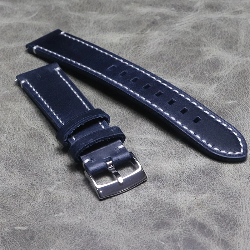 Bracelet de montre en cuir de vachette à dégagement rapide pour homme, bracelet bleu, 18mm, 19mm, 20mm, 22mm, fait à la main, huile d'avertissement, sangles, ceinture en cuir véritable