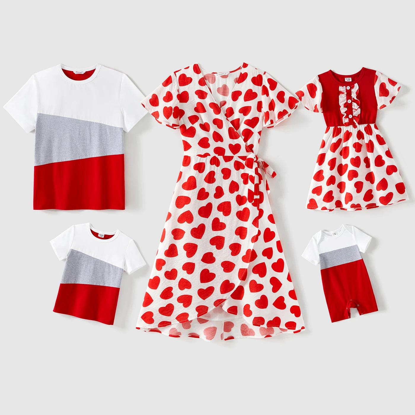 PatPat Family Matching 95% Cotton Short-sleeve Colorblock T-shirts and Allover Heart Print Dresses Sets