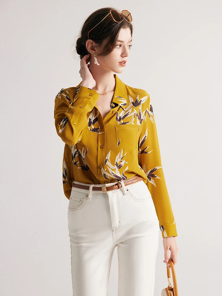 SuyaDream, Woman Printed Shirts, 100%Mulberry Silk, Turn Down Collar Chest Pockets Blouses, 2024 Spring Summer Top