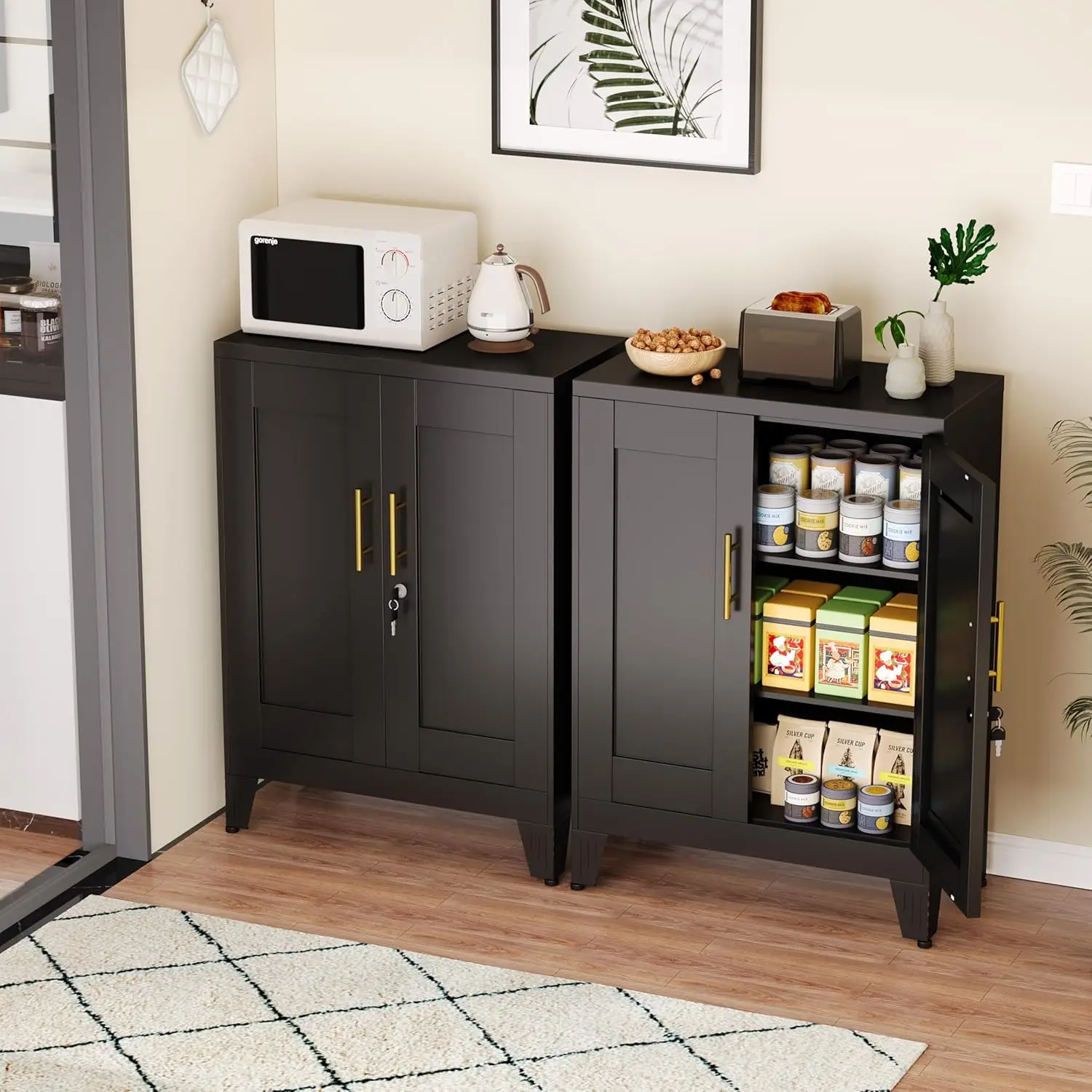 Mobiletto per dispensa in metallo nero con serratura, credenza a due unità con 2 ripiani regolabili, mobiletto da cucina per ufficio domestico