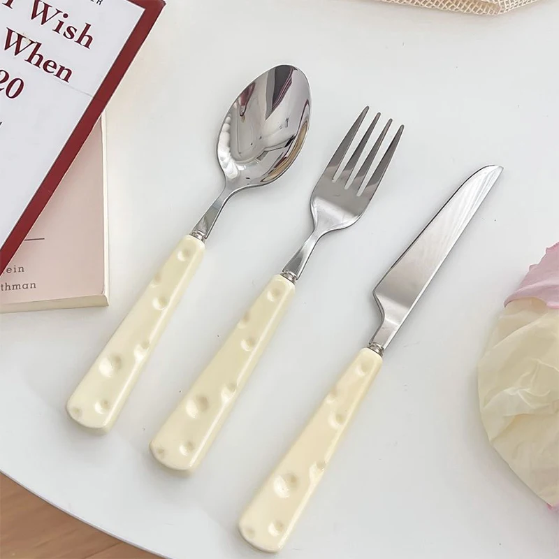 

Ins Knife Fork Spoon Cute Cheese Household Portable Stainless Steel Steak Knife And Fork Western Food Tableware Dessert Spoon