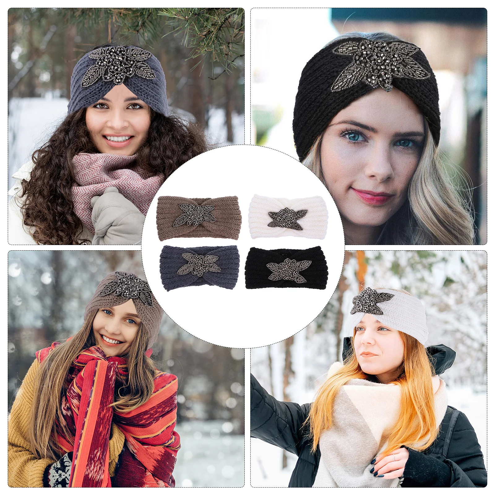 

4Pcs Women Hair Accessories Knitted Headband Set Soft Elastic Diamond Decor for Face Washing Makeup Daily Knitted Headband