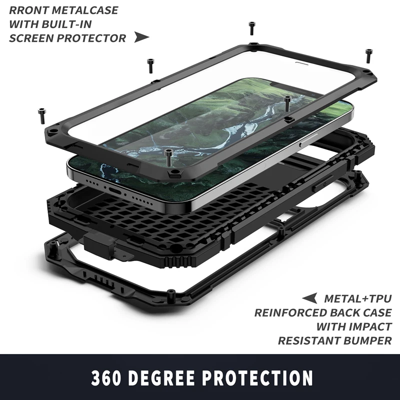 Full-Body Rugged Armor Shockproof Protective Case for iPhone 14 Plus 13 12 Pro Max 15 15pro Kickstand Aluminum Metal Glass Cover