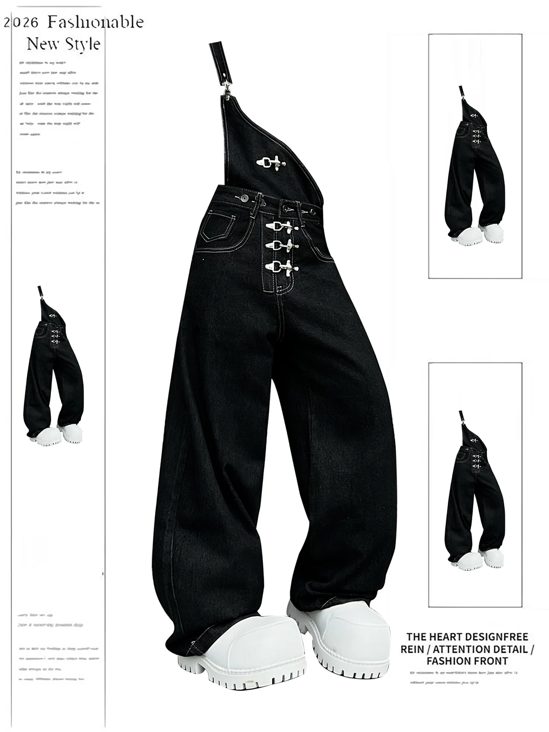 

American Retro Detachable Tee-Way Aircrt Bule Single Strap Denim Pants Women's Spring Baggy Wide Leg Trendy Trousers