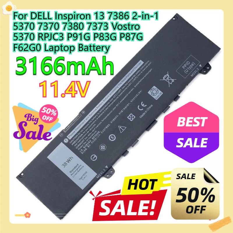 

For DELL Inspiron 13 7386 2-in-1 5370 7370 7380 7373 Vostro 5370 RPJC3 P91G P83G P87G F62G0 Laptop Battery