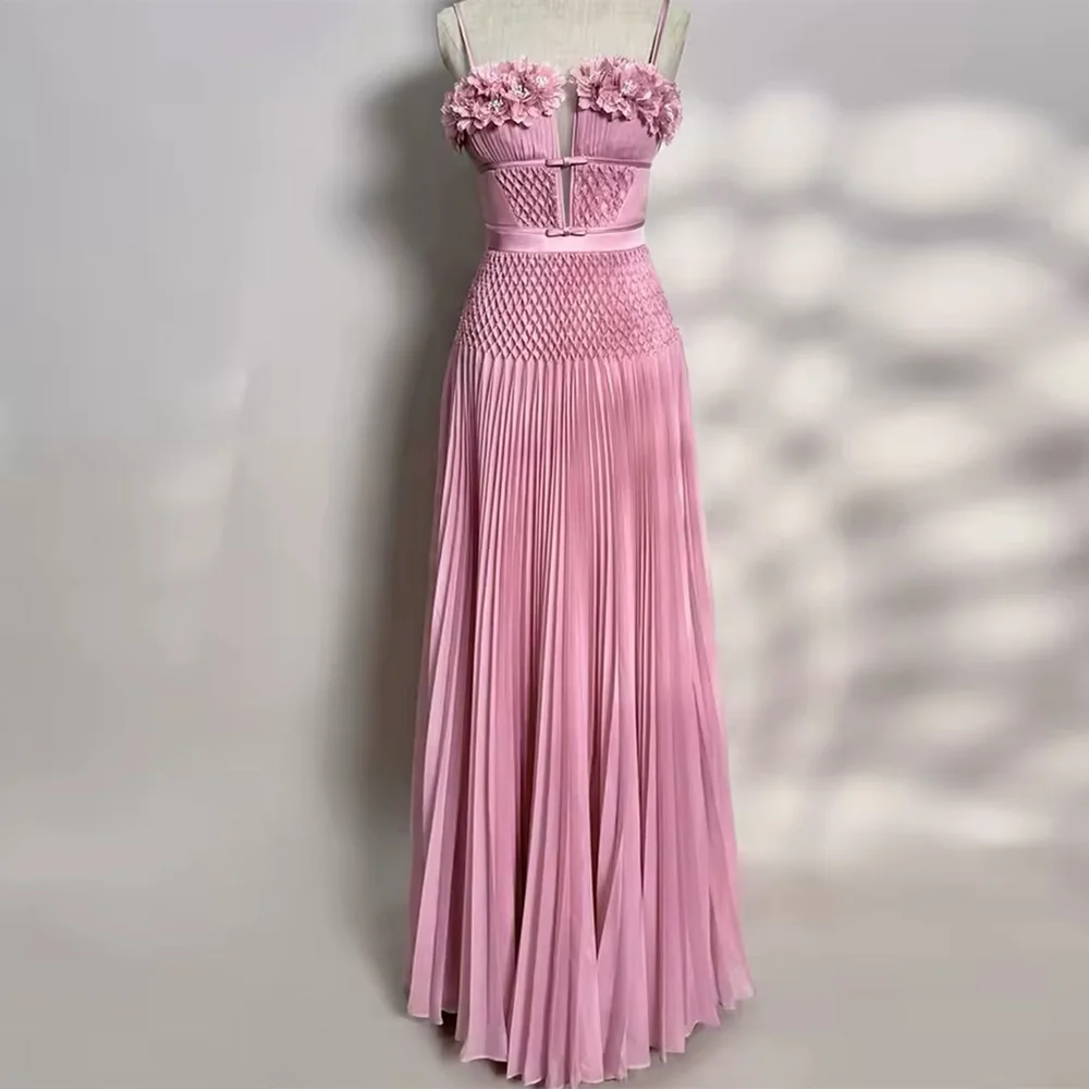 

Handmade Flowers Customized Vestido De Festa Classic Chiffon Straight Evening Dress Elegant Spaghetti Straps Pearls Party Dress