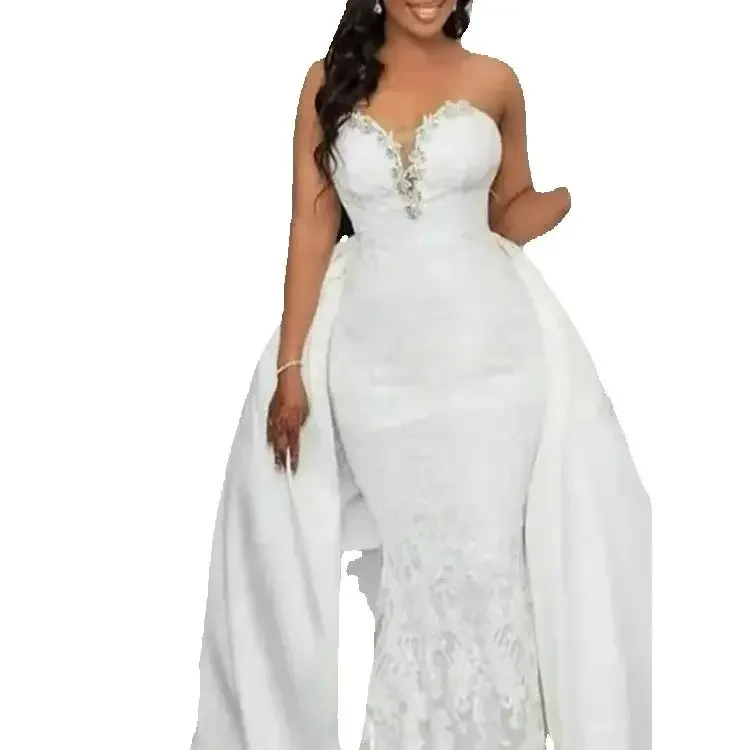 

Customized Beaded Sweetheart Mermaid Wedding Dress with Detachable Train Vestidos De Novia Lace Appliques Bridal Dress