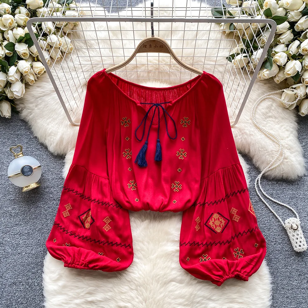 Croysier Boho Clothing Women Tops And Blouses Ethnic Bohemian Vintage Embroidery Blouse Long Sleeve Tassel Tie V Neck Loose Top