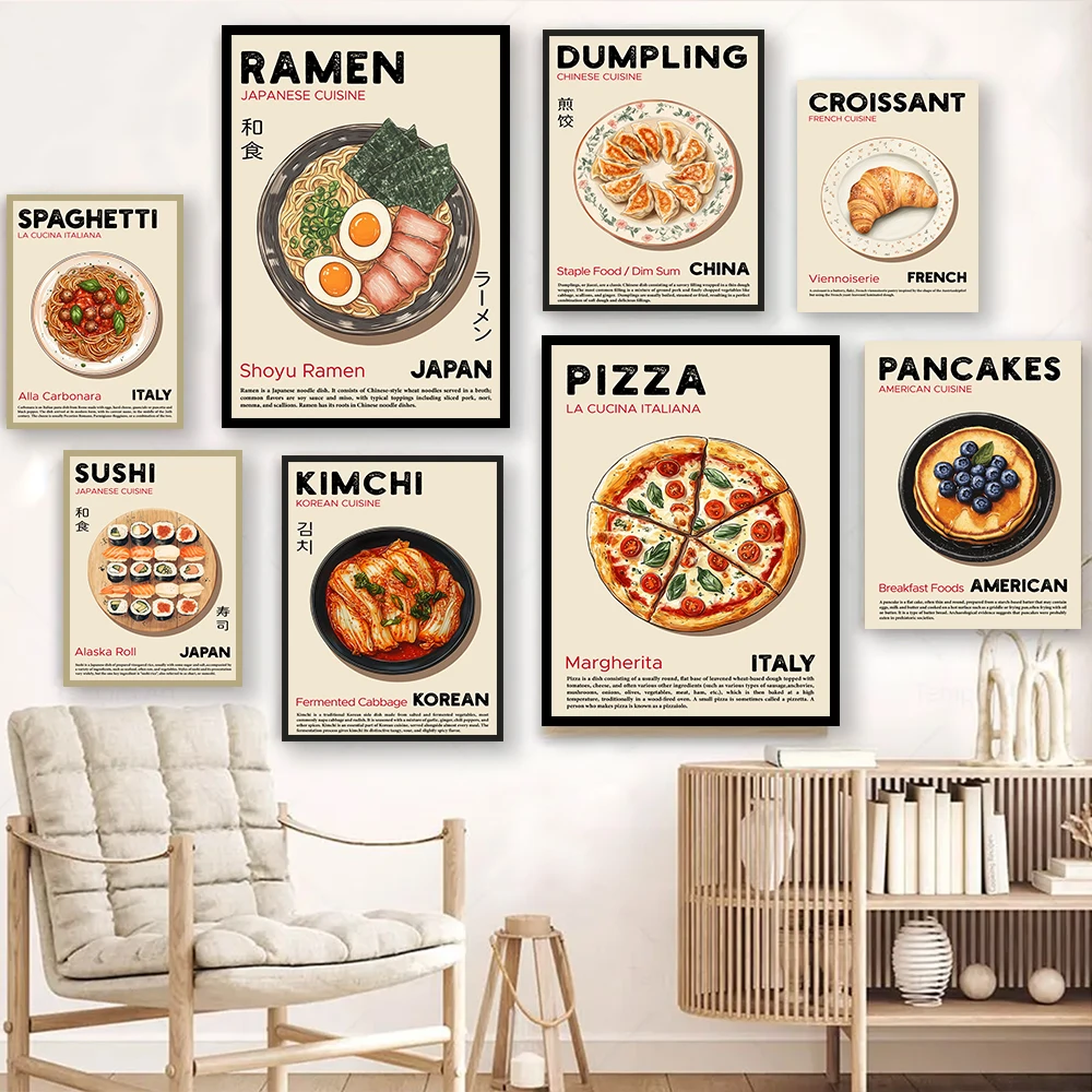 Kitchen Wall art Foods Canvas Posters Ramen Sushi Spaghetti pizza kimchi Pancake Croissant Dumpling for Dining Room Cate Decor