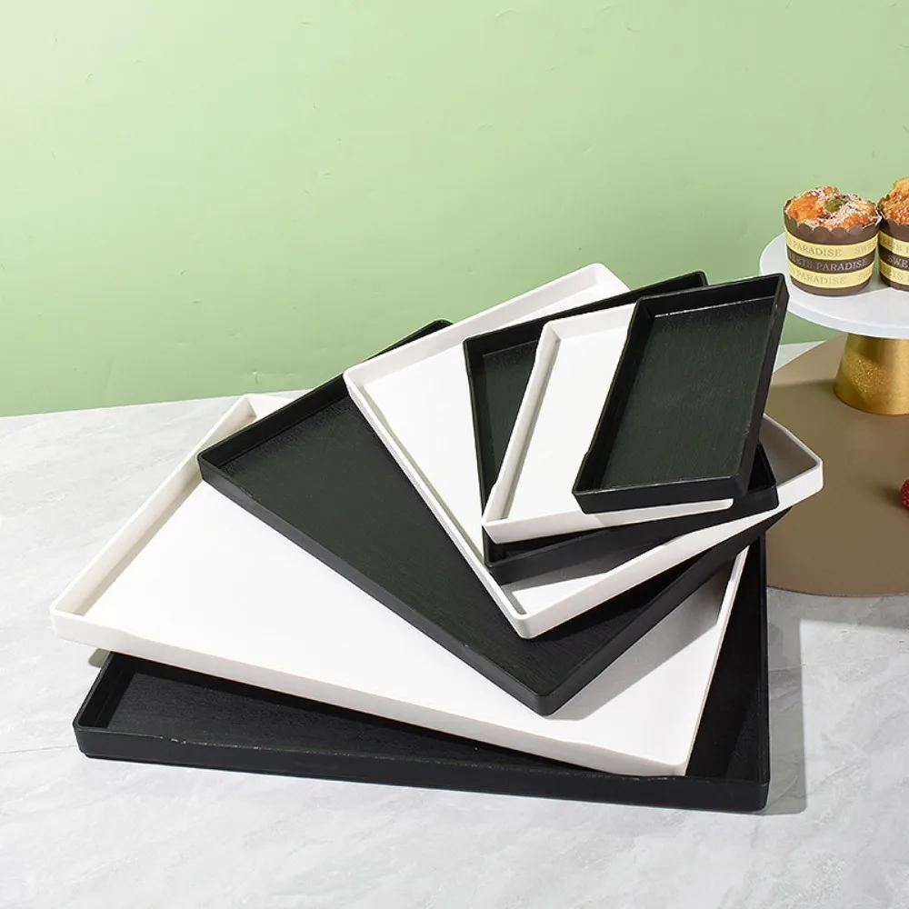 Bandeja de plástico grande, negra y blanca, fácil de usar, bandejas rectangulares de plástico para servir, platos de plástico multiusos para cocina