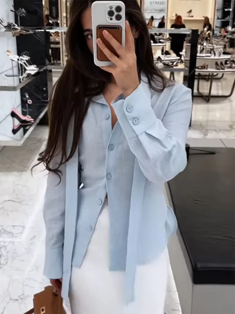 

Trendix Blue Long Sleeve Shirt For Women Fall Casual Slim Lace Up Cardigan Tops 2025 Autumn Street Fashion Commuting Shirts New