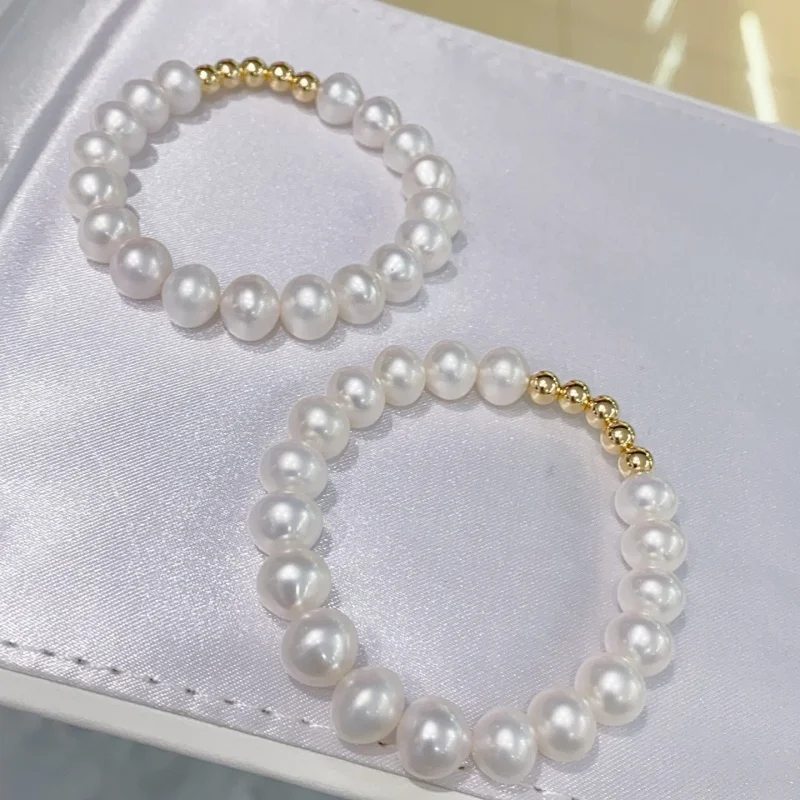 

SGARIT Fine Jewelry High Quality 14k Filled Gold white circular 8-9mm Fresh Water Pearl Beaded bracelet