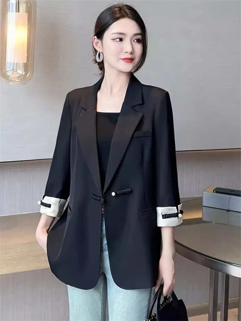 Jaket setelan gaya Cina baru untuk wanita musim semi/Musim Panas 2024 mode Retro kancing atas Blazer kasual berukuran besar atasan K1691