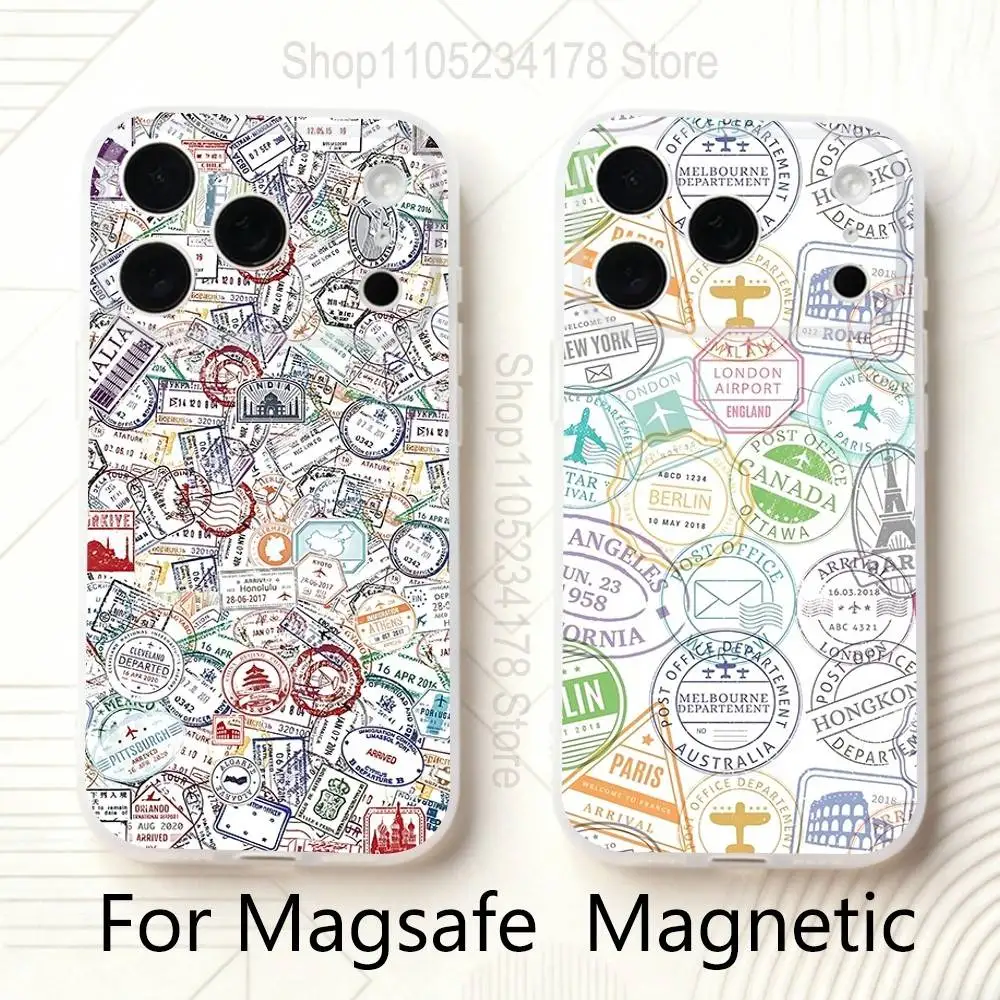 

Travel Stamp Pattern For iPhone 11,12,13,14,15,17,16,Pro,Plus,E,Max,Air,Mini Clear Magnetic Frosted Cover