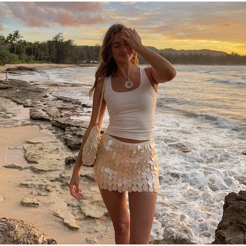 مثير المرأة مطرزة التنانير الصغيرة Y2k سستة الورك حزمة عالية الخصر الإناث تنورة 2025 الصيف سيدة عطلة الشاطئ ملابس للحفلات