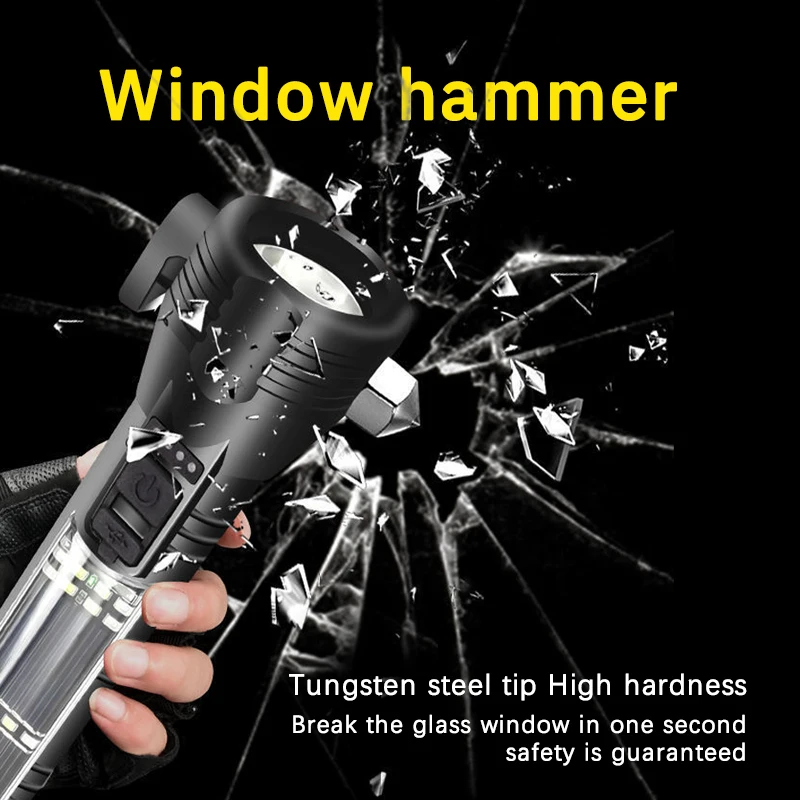 Multifunctional Car Flashlight Safety Hammer Emergency Self-Defense Flashlight Solar Charging Sound Alarm Bright Light Torch