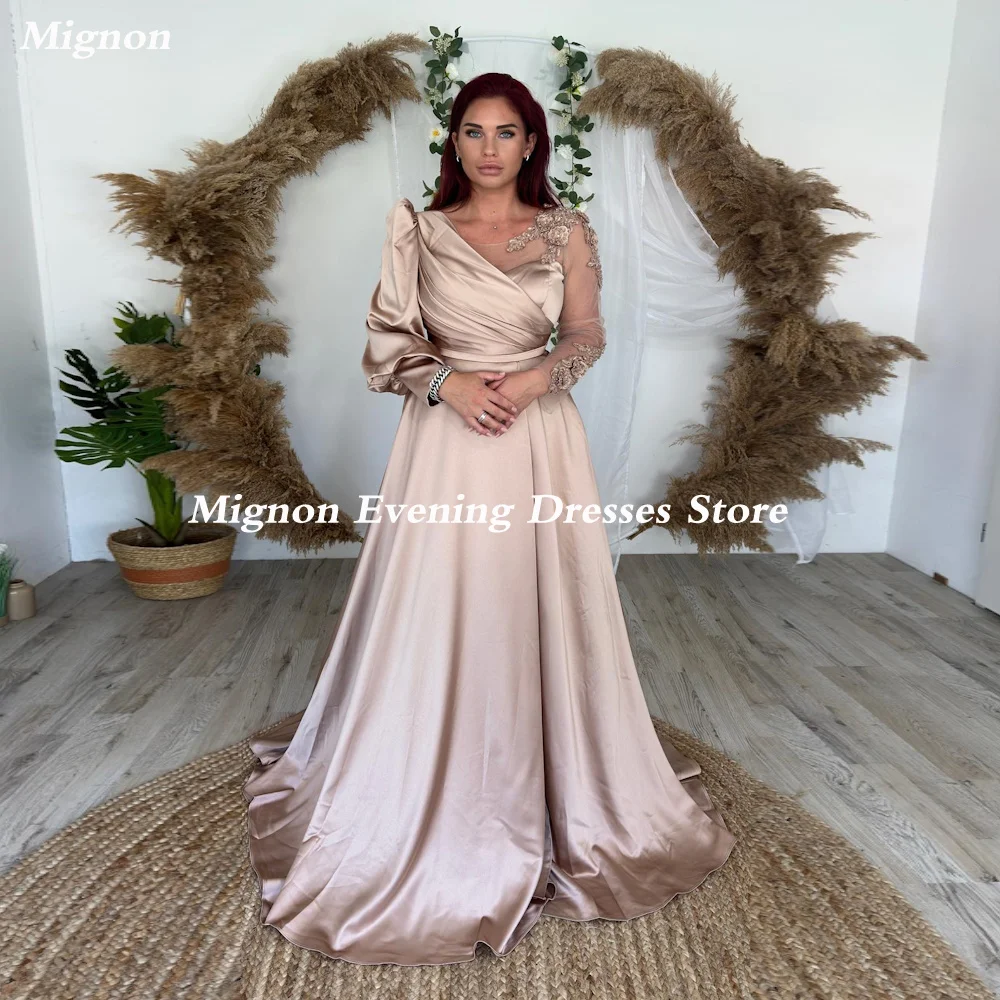 

Mignon Satin A-line O-neck Applique Ruffle Arab Prom Gown Floor-length Saudi Elegant Formal Evening Party Dress for Women 2023