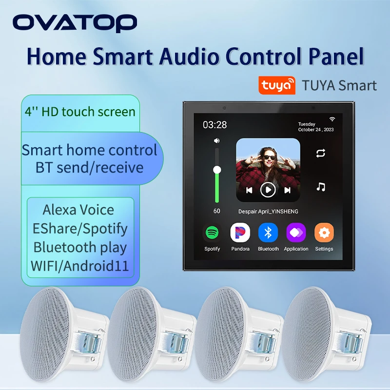 

4 Inch Android 11 Tuya Smart Home Wall Amplifier Audio WiFi Alexa Remote Control Speakers Home Background Amplificador Sets