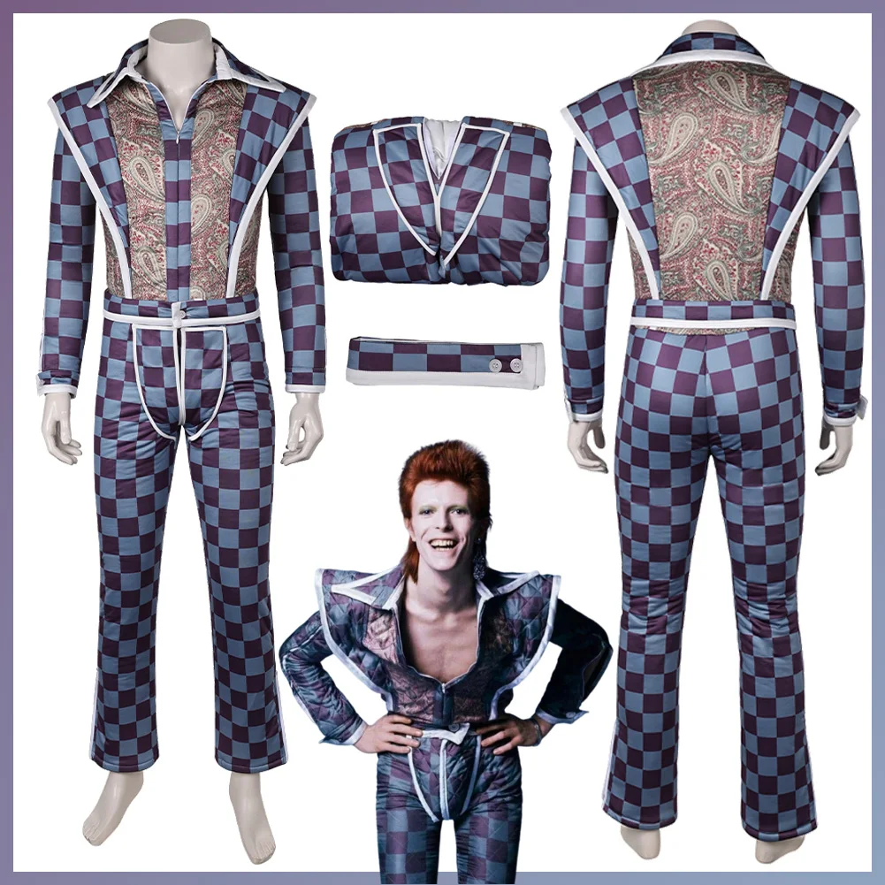 

Rocker David Costume Disguise Z Dust Cosplay Fantasy Purple Green Plaid Retro Jumpsuit Clothing Adult Men Roleplay Outfits