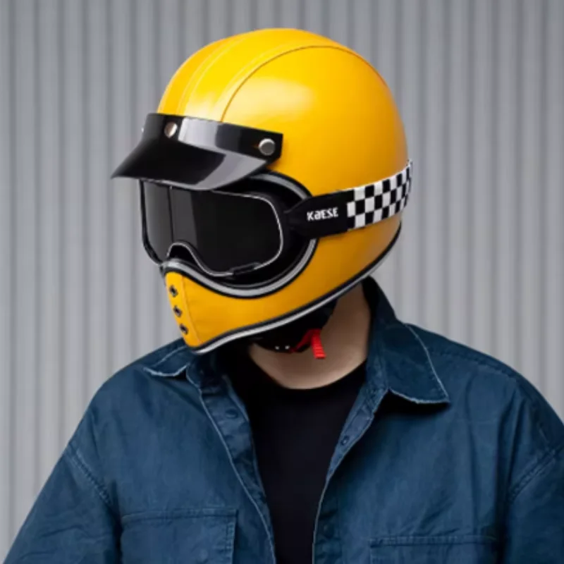 

Vintage Style Yellow Leather Motorcycles Full Helmet with Free Goggles Washable Replaceable Inner Lining All Season Use Strong E