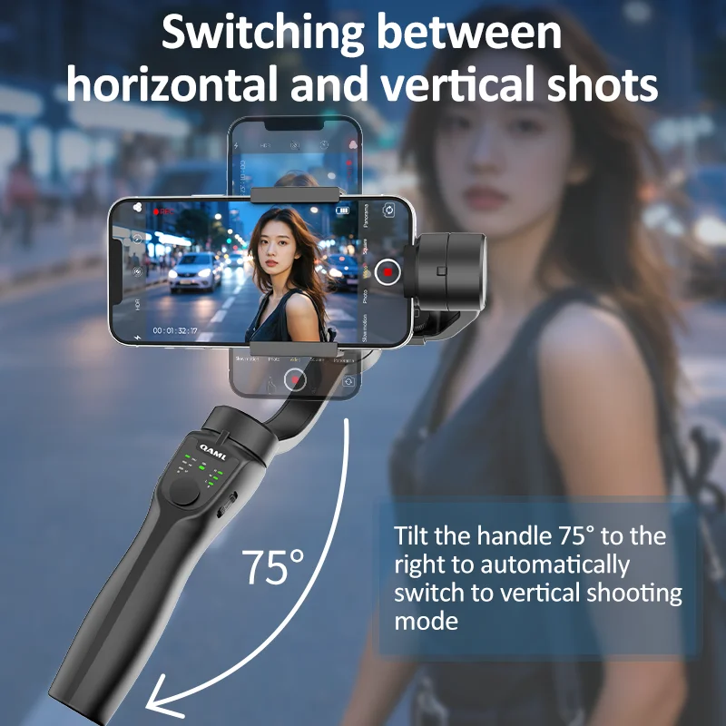 QAML F8 2025 3-axis gimbal, anti-shake, wireless, USB rechargeable, iPhone/Xiaomi/action cam compatible, sleek black.
