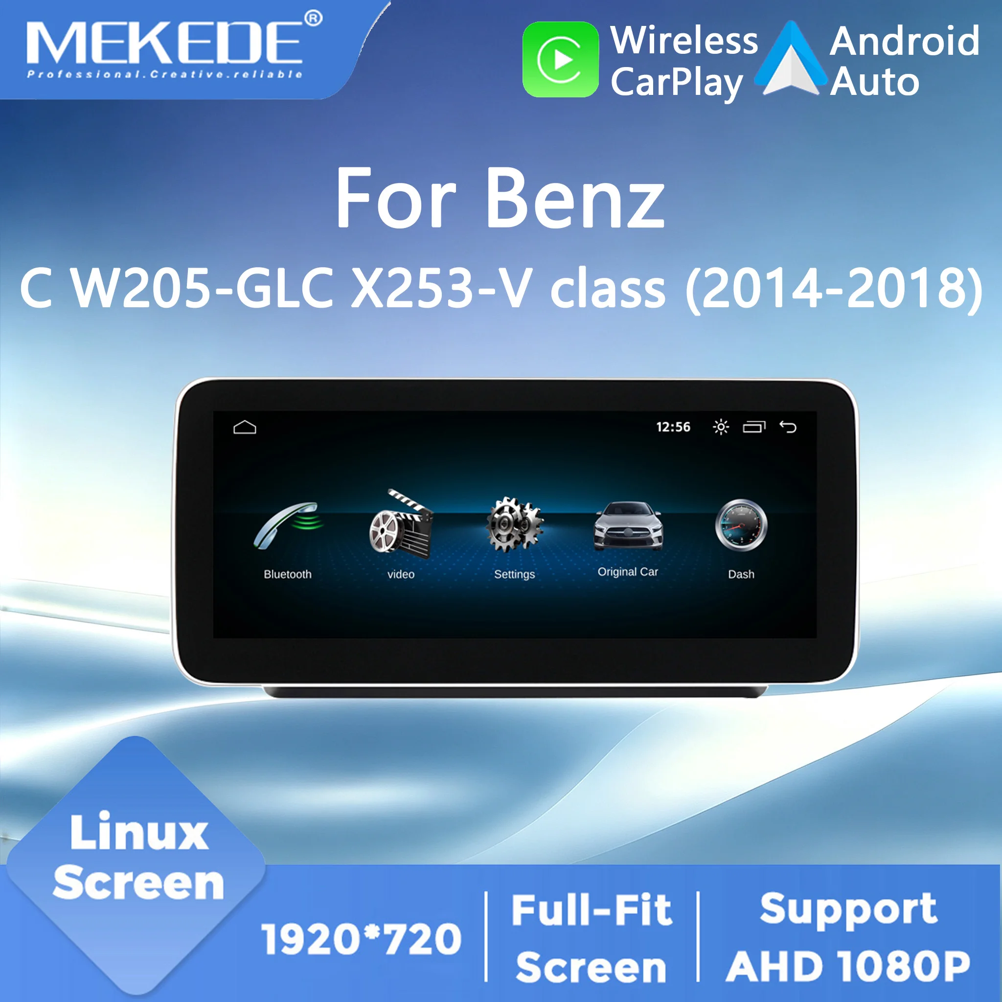MEKEDE Plug-and-Play 1920*720 Linux-Bildschirm Autoradio Wireless Carplay für Mercedes-Benz C-Klasse W205 GLC X253 V-Klasse W446 Dual-System Android Auto GPS Multimedia BT Wifi EU-Lager Stereo Audio