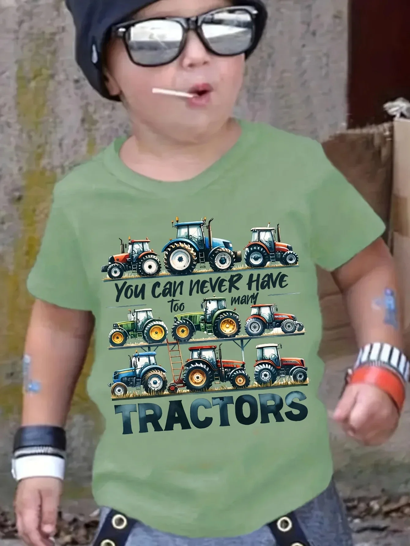 Summer Tractor Print Pattern Boys Girls Short Sleeved Children\'s T-shirt Round Neck Breathable Comfortable Casual T-shirt