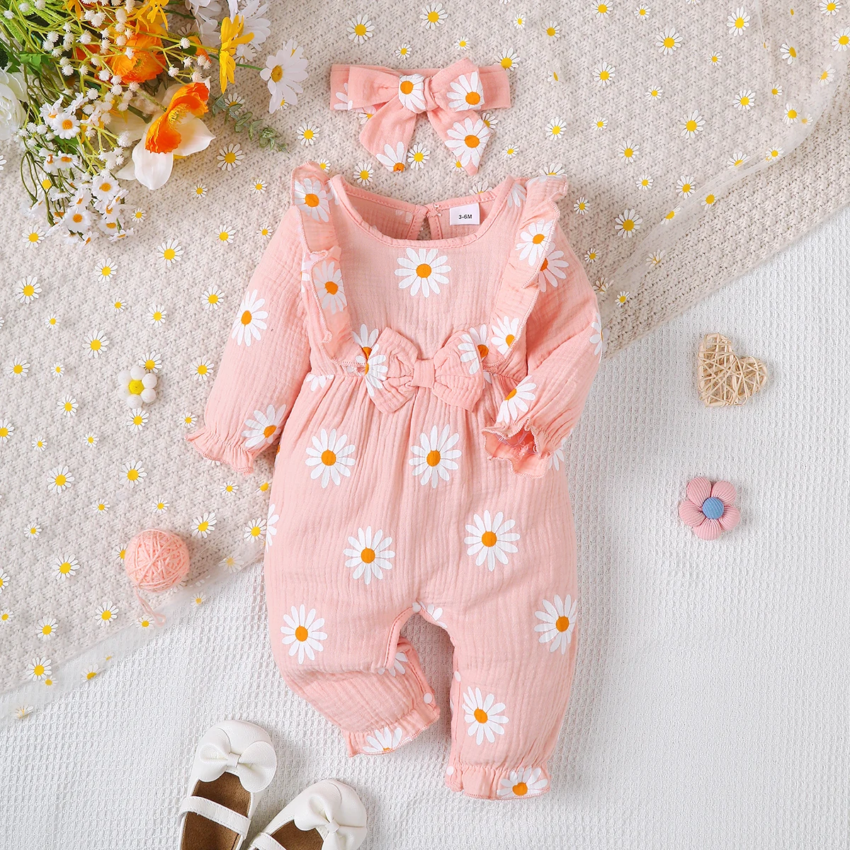 Baby Girl Jumpsuit Round Neck Ruffled Edges Small Daisy Print Jumpsuit for Cute Baby Girls 0-18 Months Spring Autumn Jumpsuit