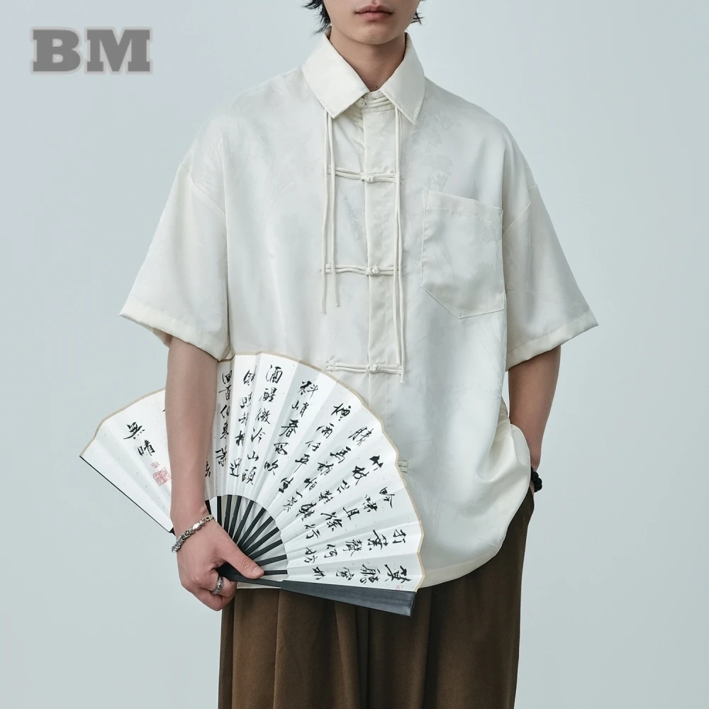 

Summer Chinese Style Thin Shirt Mens Clothing Vintage Tai Chi Kung Fu Short Sleeves National Style Loose Lapel Shirt Male Tops