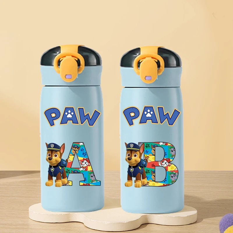 Taza aislante de acero inoxidable Paw Patrol de 500ml, tazas de agua con estampado de letras de dibujos animados, regalos portátiles para botellas de agua a la moda para estudiantes