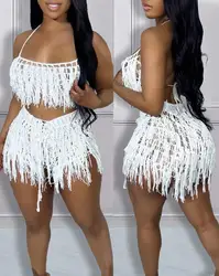 Two Piece Set Women Outfit 2024 Summer Sexy Spaghetti Strap Backless Crop Crochet Top & Tassel Design Beach Vacation Shorts Set