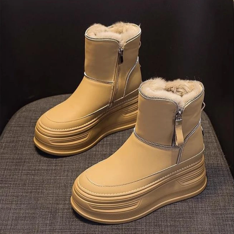 2024 New Winter Frosted Cowhide Snow Boots Flat Platform Elevated Shoes Women Boots Non-slip Casual Warm Cotton Boots