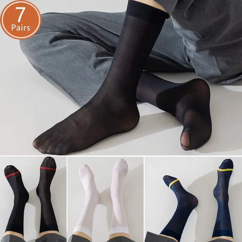 

7 Pairs Man Short Silk Socks Thin Nylon Sweat-Absorbing Breathable Business Striped Soft Elastic Party Dress Casual Socks Summer
