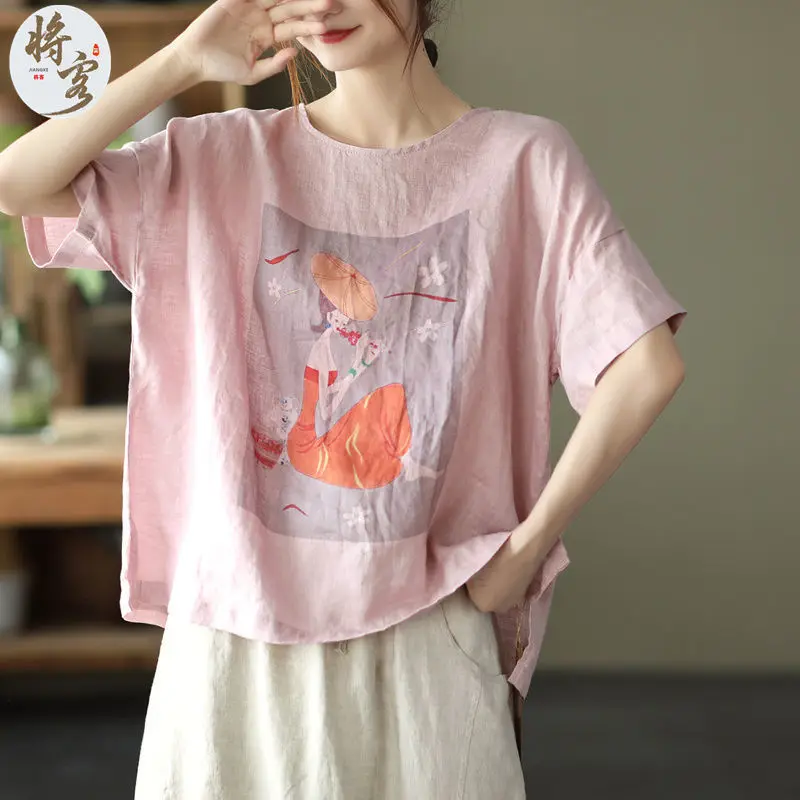 Women Summer Elegant Loose Printing Fashion Cotton and Linen O-neck Short Sleeve T-Shirt Women Clothes Trend All-match Thin Tops