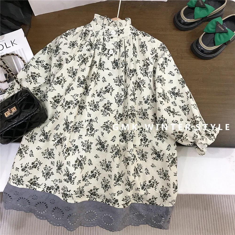 2026 Spring Retro Children Girls Dress Cotton Floral Printed Spliced Hem Babys Girls Dress 1-8Y Kids Girl Soft Long Sleeve Dress