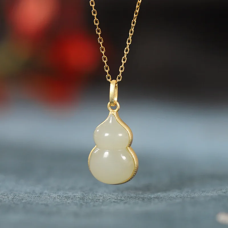 S925sterling silvergold-platedHetian jadegreen jadependantvintageresin cloisonneauspiciouscloudandgourd designwome