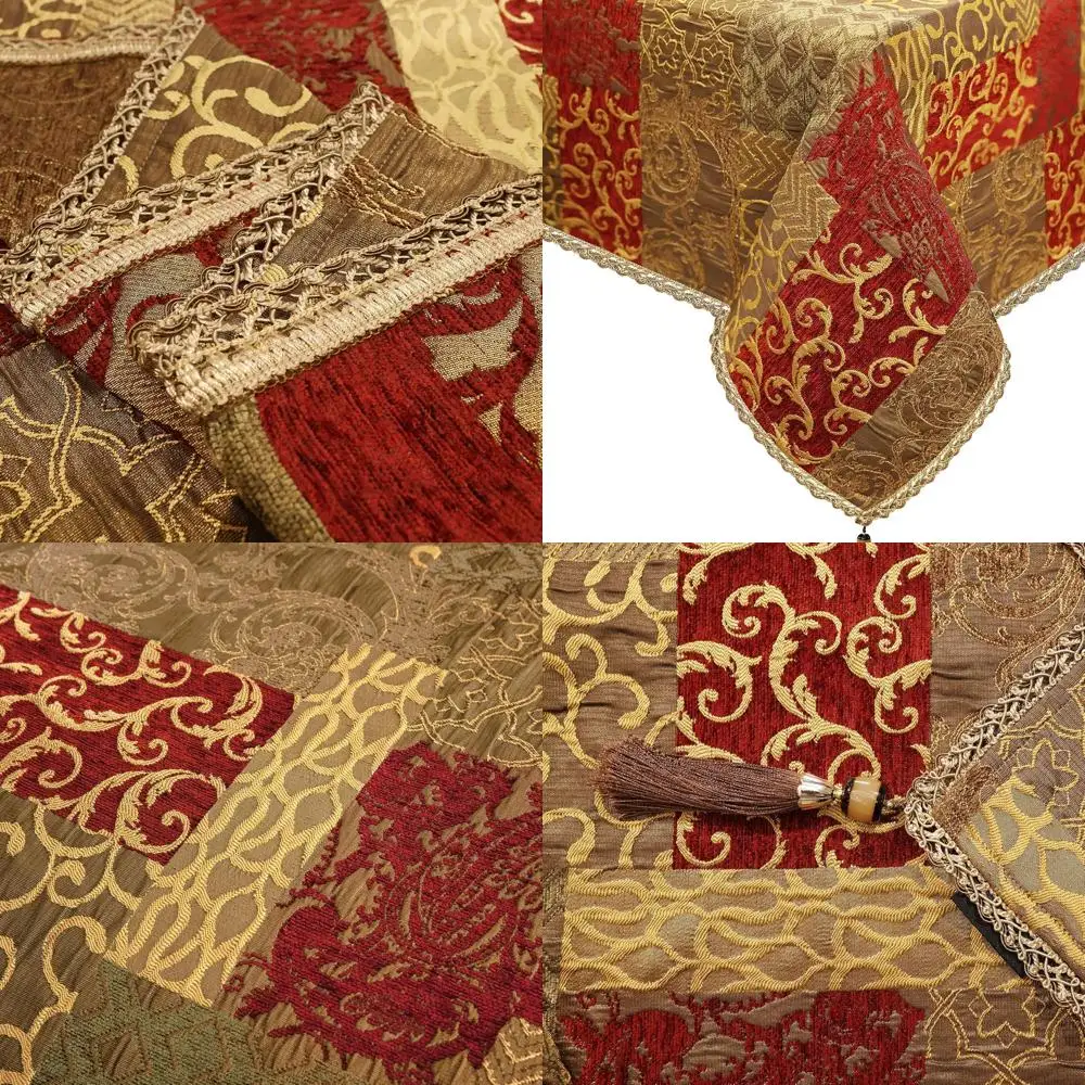 

Elegant Red & Gold Jacquard Tablecloth with Tassels, 60x104 Inches, for Festive Dining and Banquets