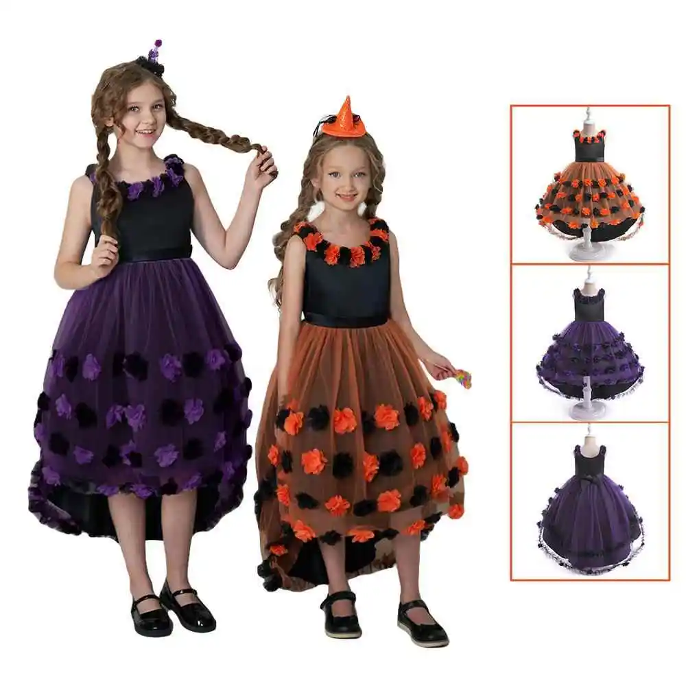 

Костюм на Хэллоуин для девочек, вечернее платье с хвостовыми лепестками, детский наряд для выступлений, юбка-торт, свадебное платье