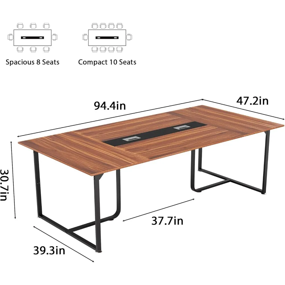 โต๊ะประชุมขนาด 8 ฟุต, โต๊ะประชุมพร้อมรูร้อยสายไฟ, โครงสร้างมั่นคง, แผ่นรองขาปรับระดับได้, โต๊ะประชุมขนาดใหญ่สำหรับการประชุมในสำนักงาน