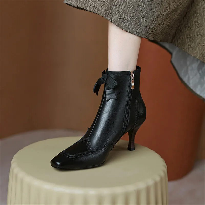 New 2023 Autumn Winter Bullock Women Shoes High Heel Genuine Leather Boots for Women Square Toe Boots Zipper Bow Ankle Boots