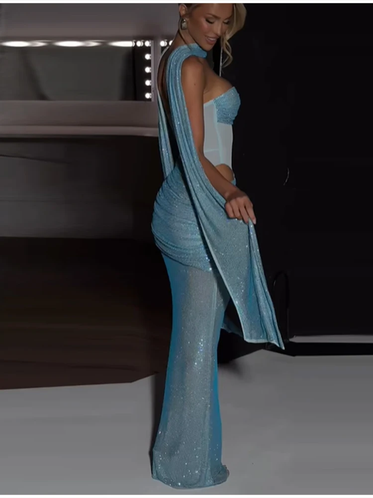 

Sequin Sparkling Slim Fit Dress Women Backless Off Shoulder Hollow Out Ruffle See Through Patchwork Scarf Robe New Evening Gown