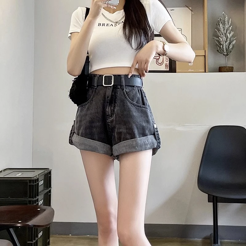 Grey high-waisted versatile denim shorts female summer new loose thin design a word versatile wide-leg rolled hot trousers