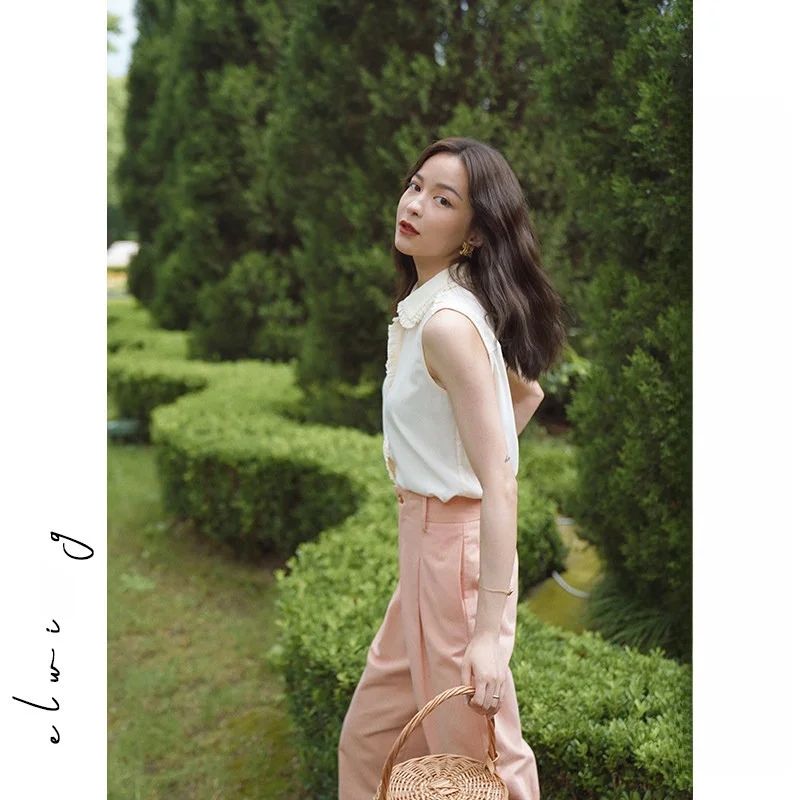 

Elwing Original Collar Svel irt Women's Summer New Peach Color Splice irt Commute Sle Straight Cut Pure Color