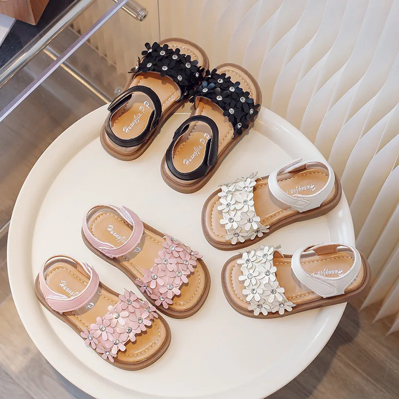 Summer Shoes Open Toes Anti-skid Shoes Little Girls Floral Bohemian Sandals with Beads Princess Sweet Kids